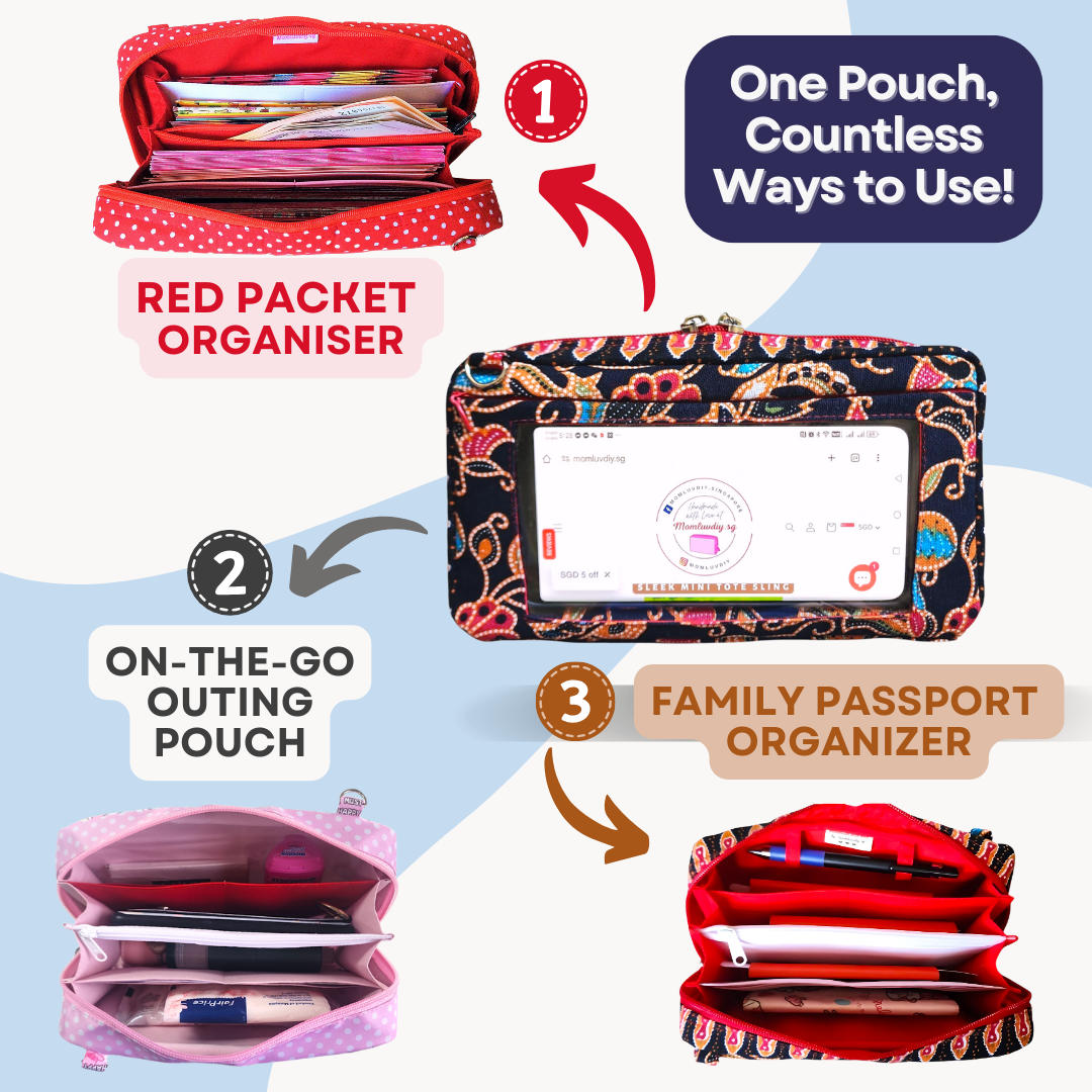 Smartphone Family Travel Pouch | Spacious Organizer 100 Red Packets | Smartphone Organiser 3B01 (Black SIA Batik)