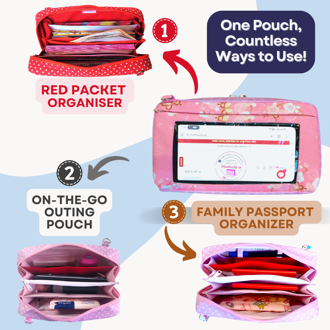 Smartphone Family Travel Pouch | Spacious Organizer 100 Red Packets | Smartphone Organiser 3B09 (Pink Butterfly)