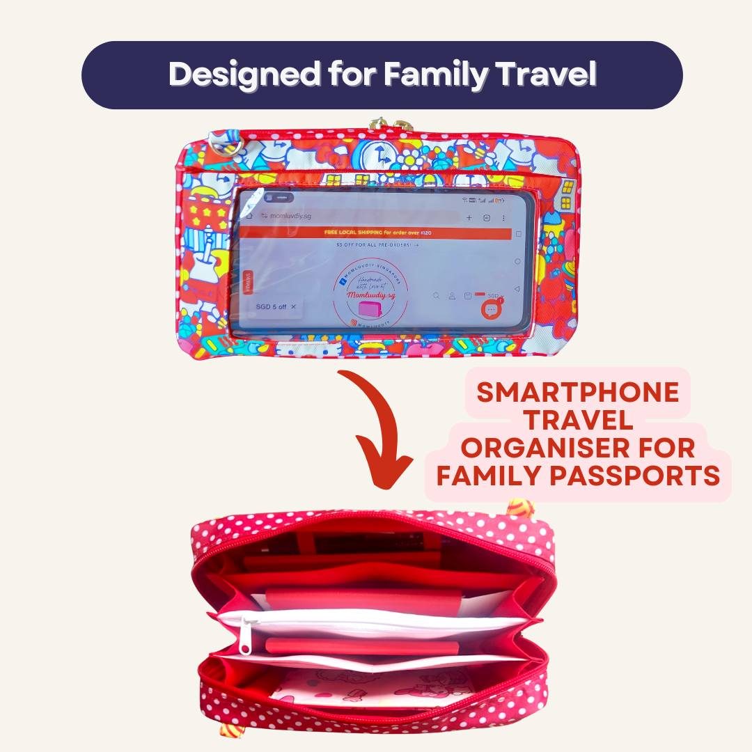 Smartphone Family Travel Pouch | Family Passport Organiser | Smartphone Organiser 3B13 (Red HK)