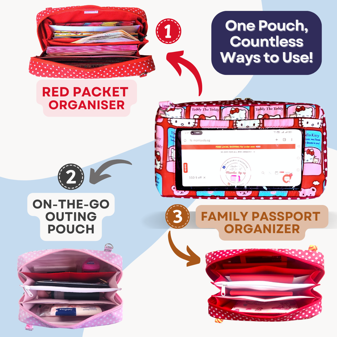 Smartphone Family Travel Pouch | Spacious Organizer 100 Red Packets | Smartphone Organiser 3B07 (Red HK)
