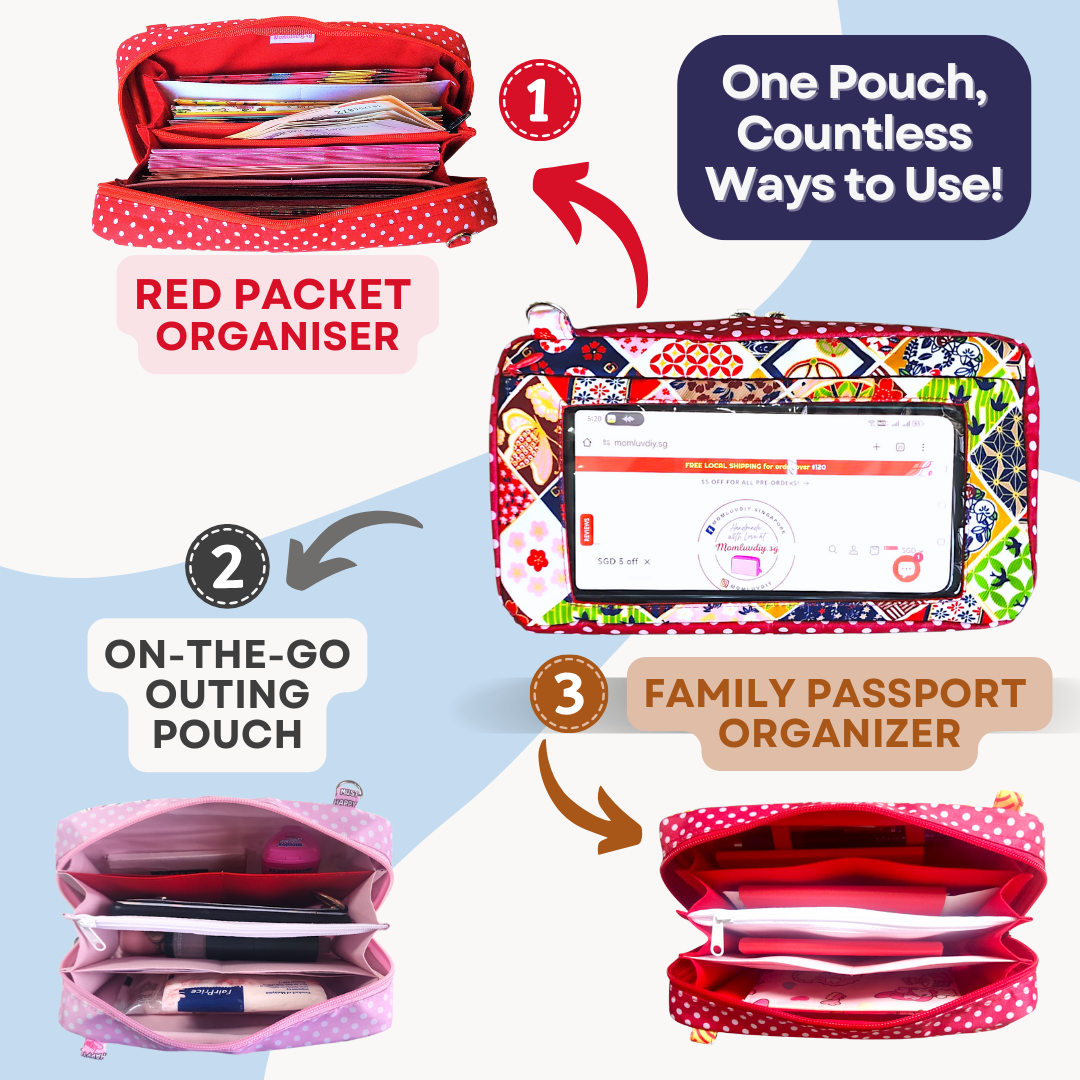 Smartphone Family Travel Pouch | Spacious Organizer 100 Red Packets | Smartphone Organiser 3B05 (Patchwork design)