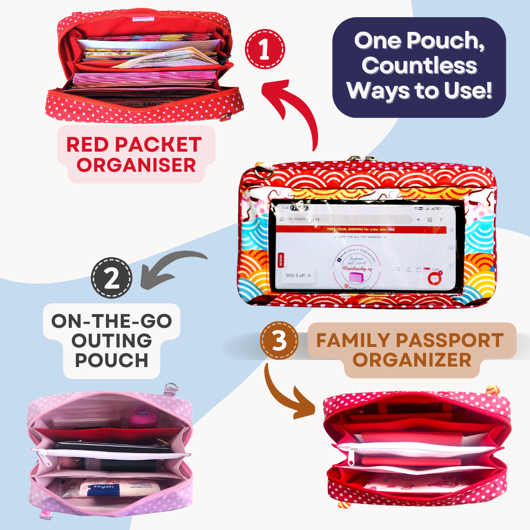Smartphone Family Travel Pouch | Spacious Organizer 100 Red Packets | Smartphone Organiser 3B04 (Waves design)