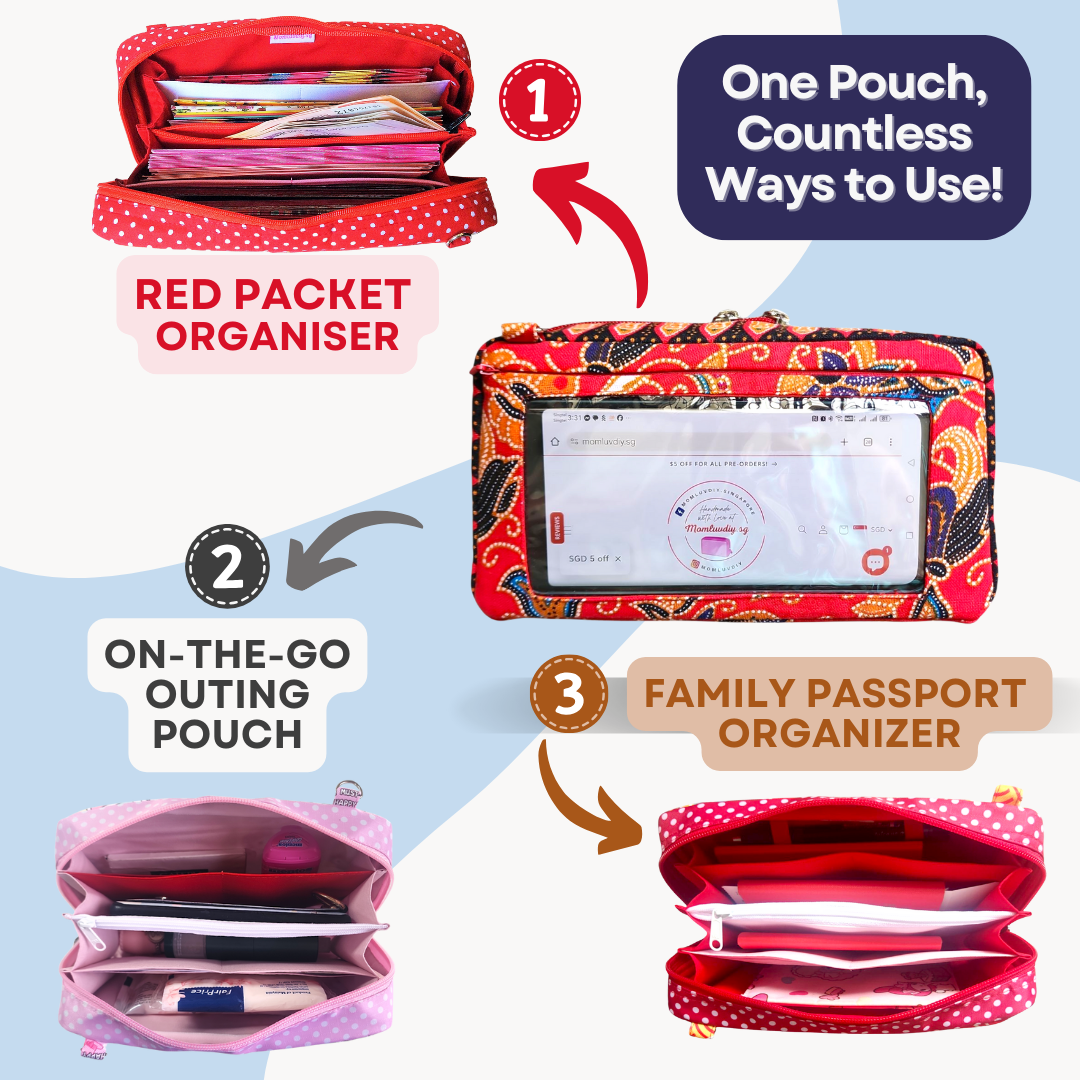 Smartphone Family Travel Pouch | Spacious Organizer 100 Red Packets | Smartphone Organiser 3B02 (Red SIA Batik)
