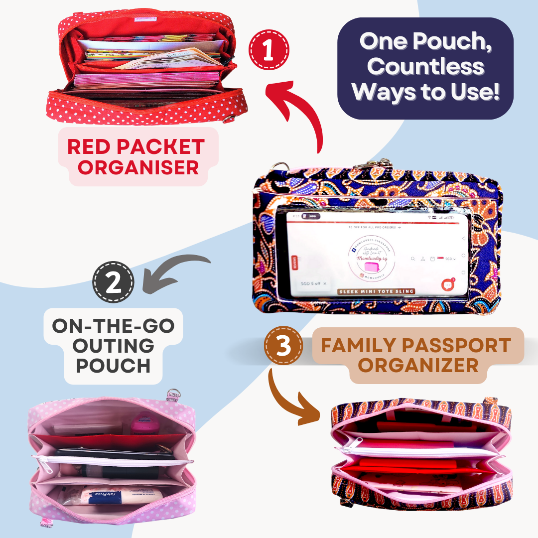 Smartphone Family Travel Pouch | Spacious Organizer 100 Red Packets | Smartphone Organiser 3B03 (Navy Blue SIA Batik)