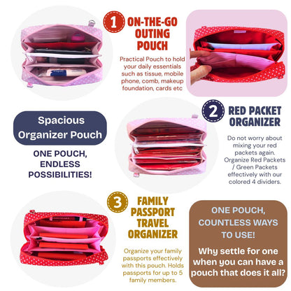 Spacious Red Packet Organizer Holds 100 Angbao & Family Passport Travel Pouch | Handmade CNY Pouch