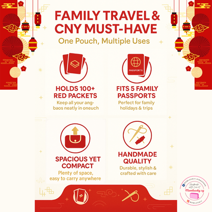 Spacious Red Packet Organizer Holds 100 Angbao & Family Passport Travel Pouch | Handmade CNY Pouch