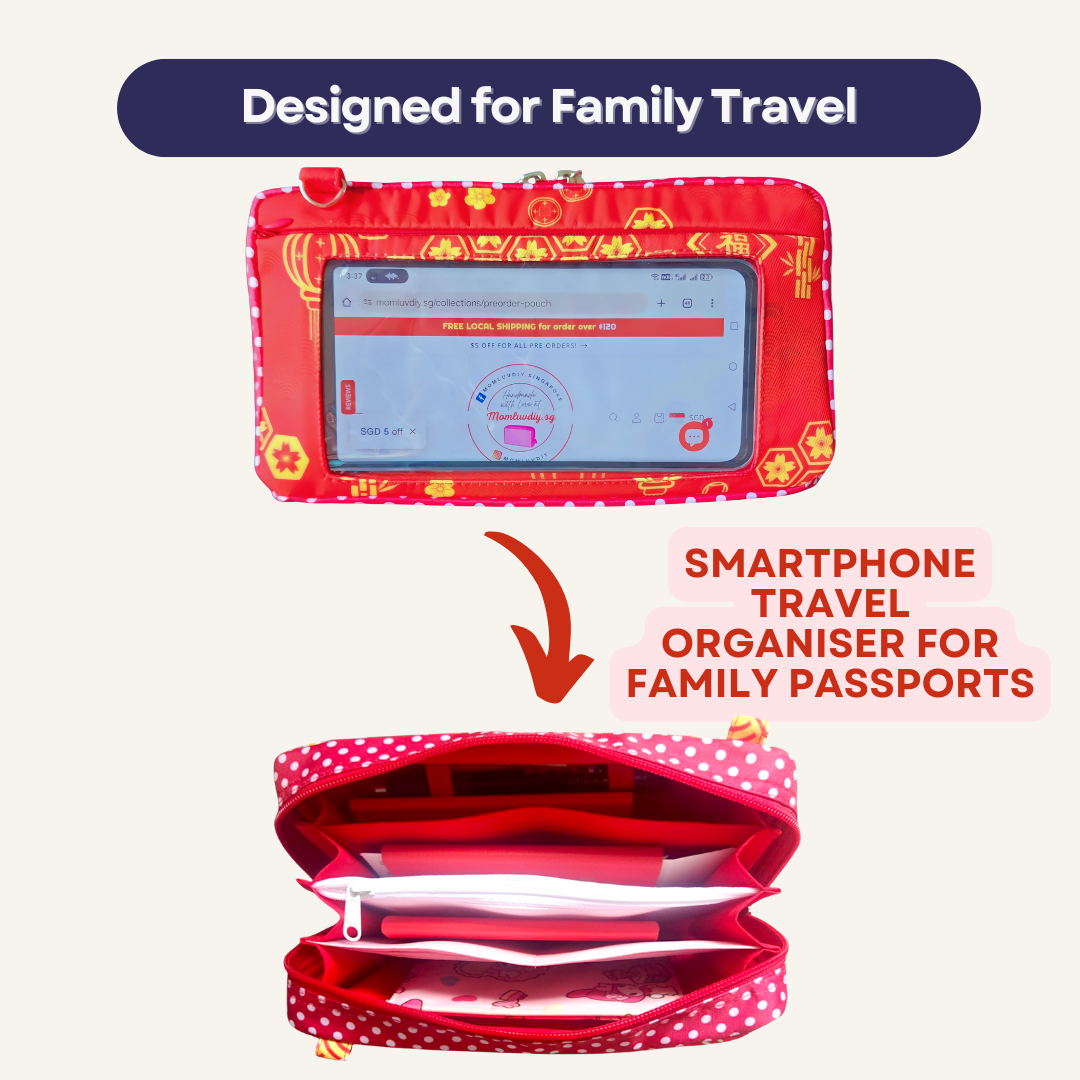 Smartphone Family Travel Pouch | Family Passport Organiser | Smartphone Organiser 3B18 (Red CNY Lantern)