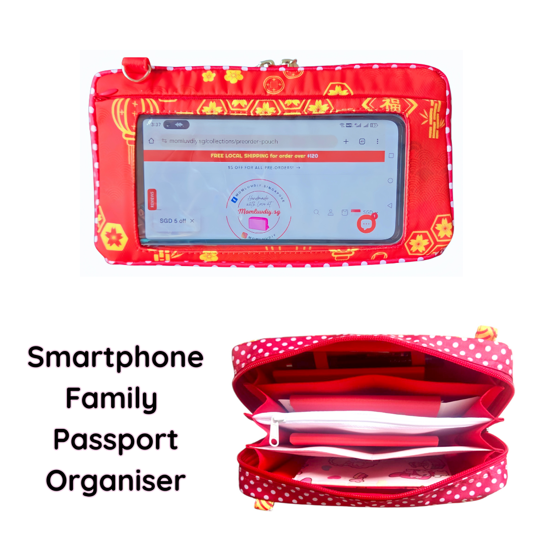 Smartphone Family Travel Pouch | Family Passport Organiser | Smartphone Organiser 3B18 (Red CNY Lantern)