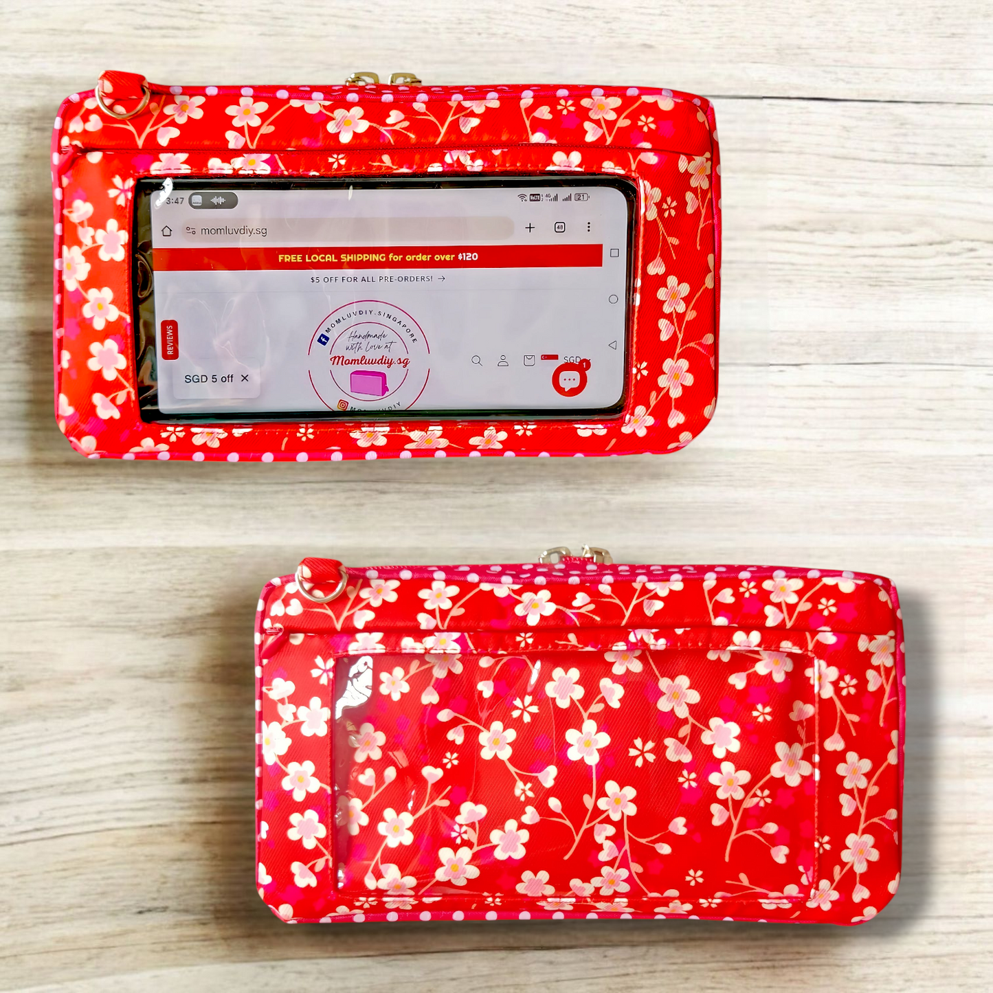 Smartphone Family Travel Pouch | Family Passport Organiser | Smartphone Organiser 3B20 (Small Red Flowers)