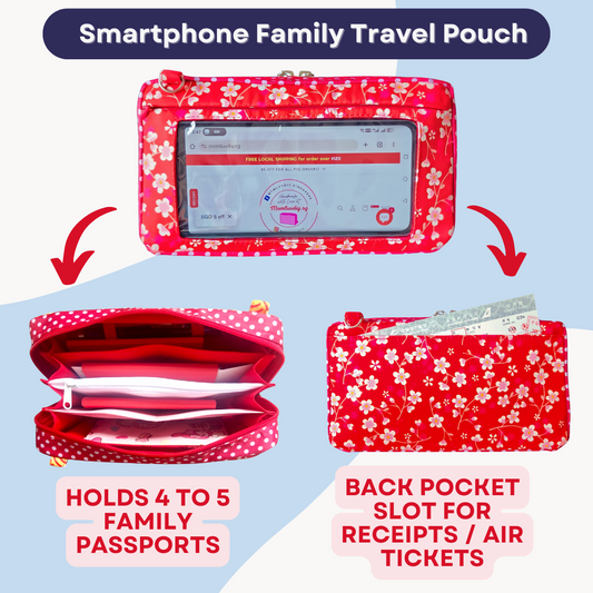 Smartphone Family Travel Pouch | Family Passport Organiser | Smartphone Organiser 3B20 (Small Red Flowers)