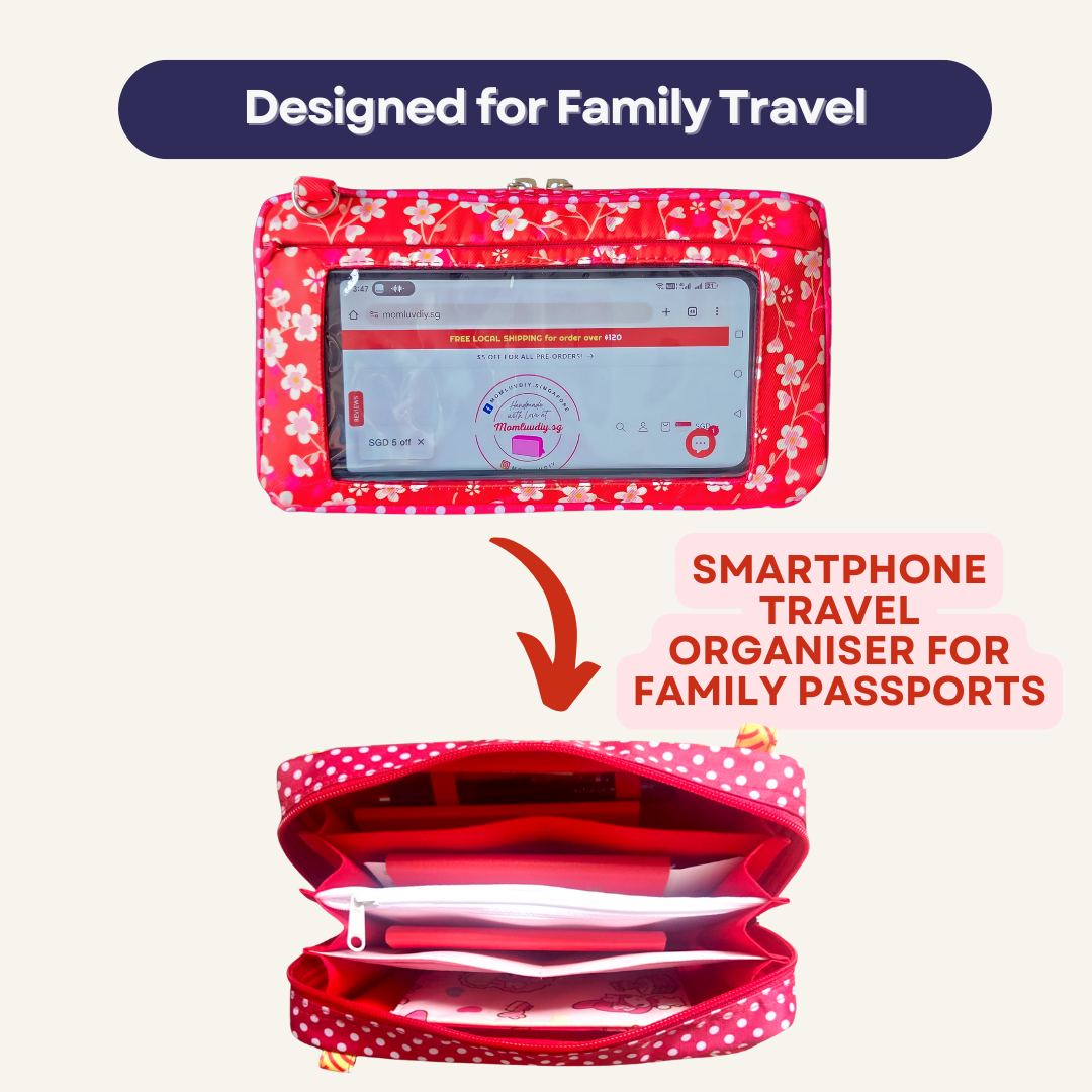 Smartphone Family Travel Pouch | Family Passport Organiser | Smartphone Organiser 3B20 (Small Red Flowers)