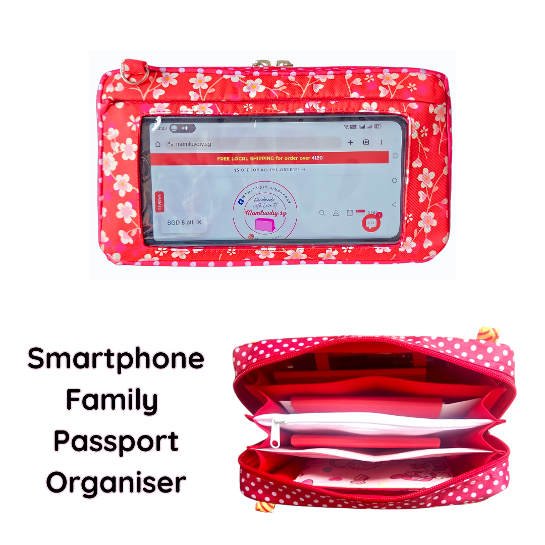 Smartphone Family Travel Pouch | Family Passport Organiser | Smartphone Organiser 3B20 (Small Red Flowers)