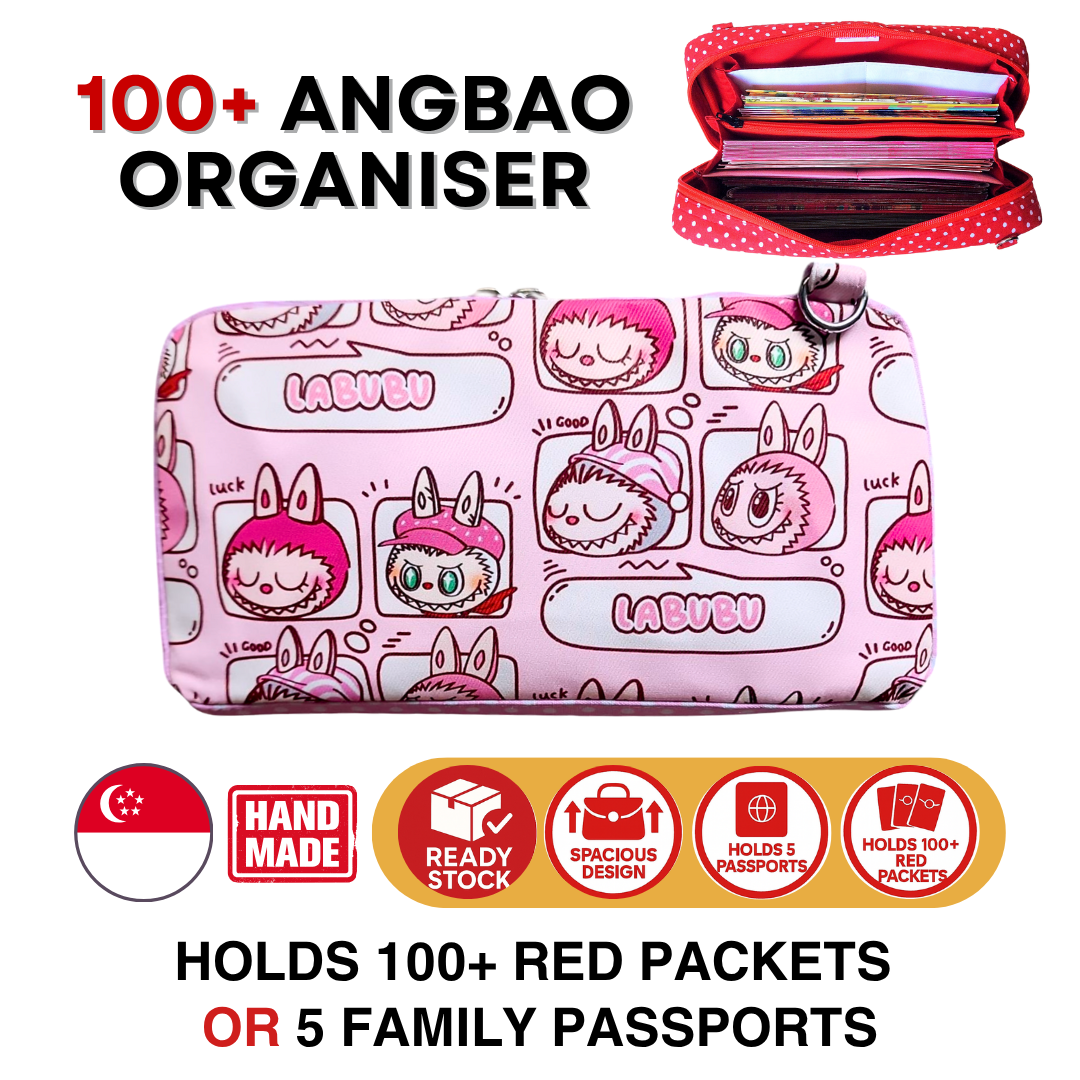 Spacious Red Packet Organizer Holds 100 Angbao & Family Passport Travel Pouch | Handmade CNY Pouch