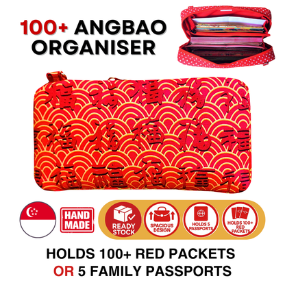 Spacious Red Packet Organizer Holds 100 Angbao & Family Passport Travel Pouch | Handmade CNY Pouch