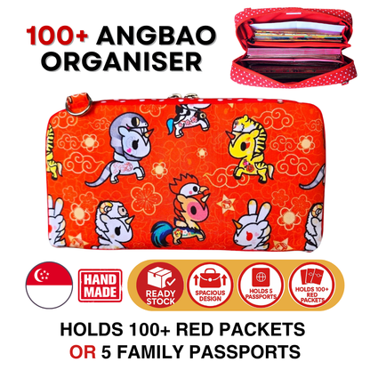 Spacious Red Packet Organizer Holds 100 Angbao & Family Passport Travel Pouch | Handmade CNY Pouch