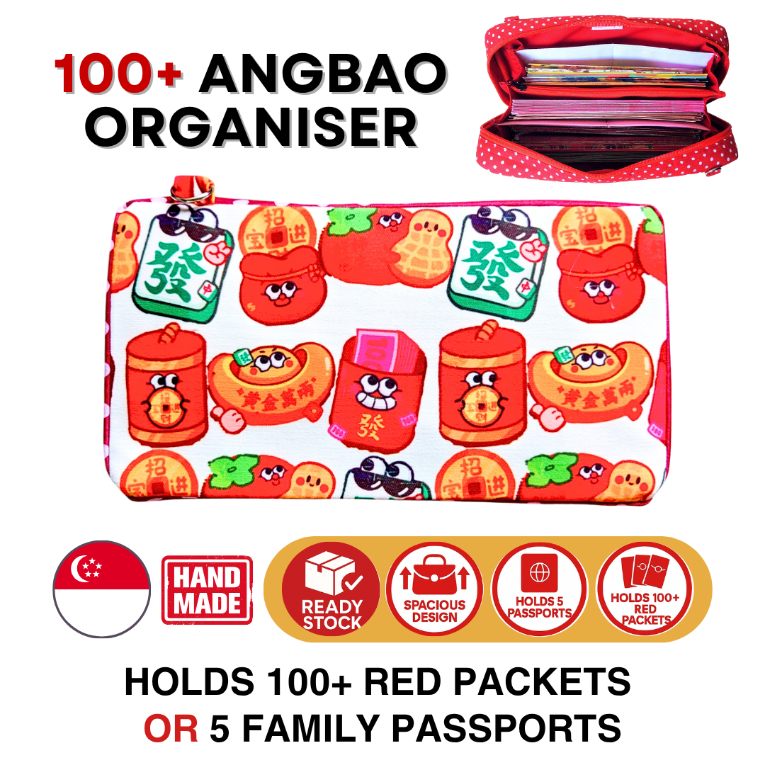 Spacious Red Packet Organizer Holds 100 Angbao & Family Passport Travel Pouch | Handmade CNY Pouch