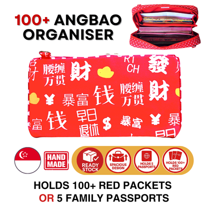 Spacious Red Packet Organizer Holds 100 Angbao & Family Passport Travel Pouch | Handmade CNY Pouch