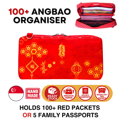 Spacious Red Packet Organizer Holds 100 Angbao & Family Passport Travel Pouch | Handmade CNY Pouch