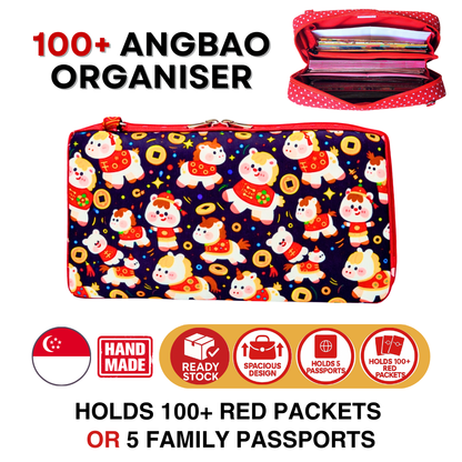 Spacious Red Packet Organizer Holds 100 Angbao & Family Passport Travel Pouch | Handmade CNY Pouch