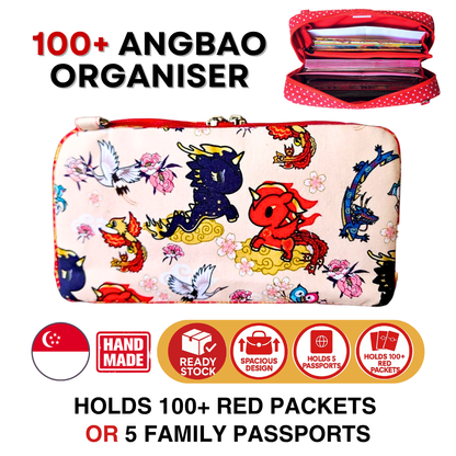 Spacious Red Packet Organizer Holds 100 Angbao & Family Passport Travel Pouch | Handmade CNY Pouch