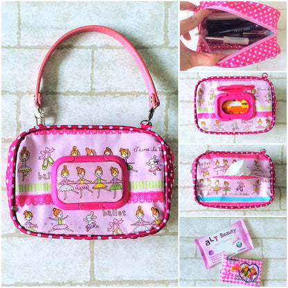 ROOMY WET AND DRY Pocket Tissue cum Cosmetic Pouch | WET AND DRY Pocket Tissue Pouch | Cosmetic Pocket Wet and Dry Pink Ballerina Design 8B07