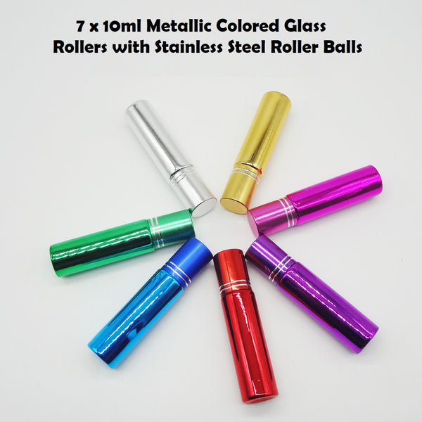 Set of 6 x 10ML Metallic Colored Bottles with Stainless Steel Rollers Balls | 10ml Stainless Steel Roller Set | Thick Glass Roller bottles with Stainless Steel roller balls